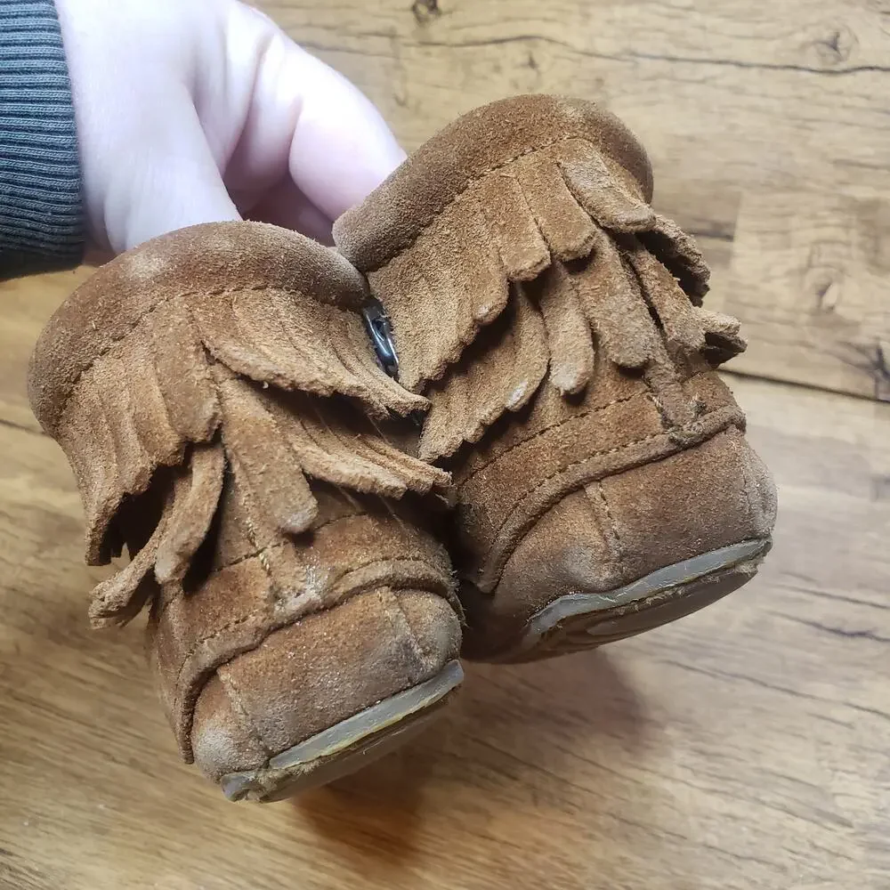 Minnetonka brown leather double fringe ankle bootie sz 5